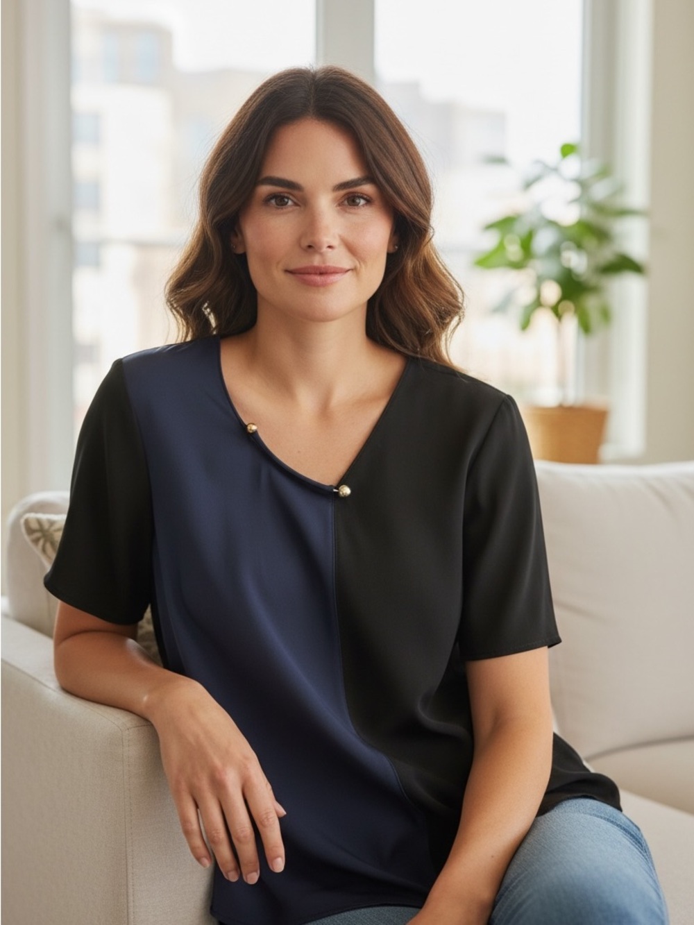 Paco Rabanne Navy and Black Gold metal -Trim V-Neck Blouse
